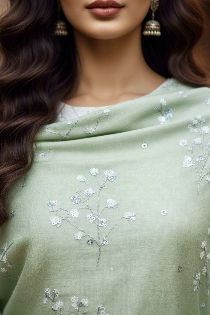 Woman in a pastel green shawl embellished with tiny flowers sequins by Umaid Couture standing in a garden courtyard
