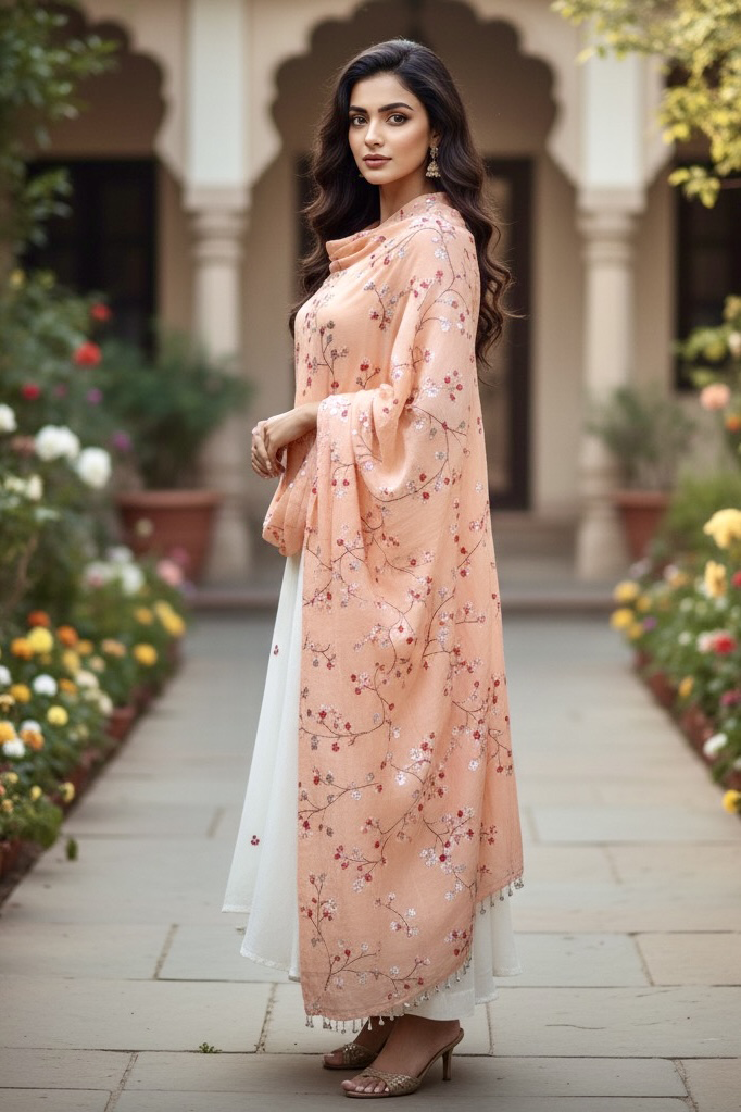 Woman wearing a pastel peach shawl embellished with sequins flowers vine by Umaid Couture, standing in a Garden Courtyard
