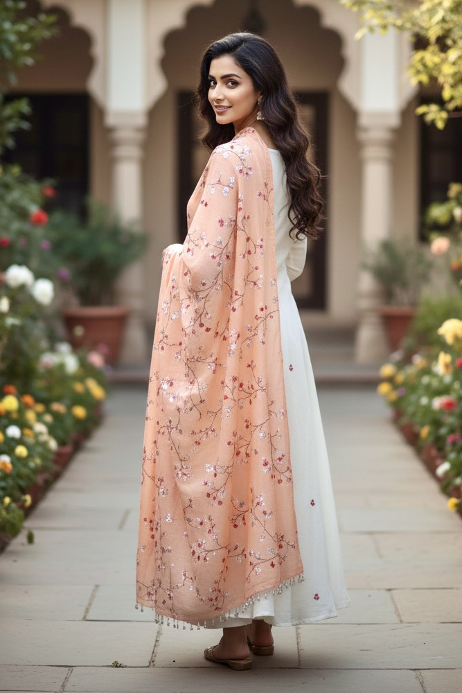 Woman wearing a pastel peach shawl embellished with sequins flowers vine by Umaid Couture, standing in a Garden Courtyard