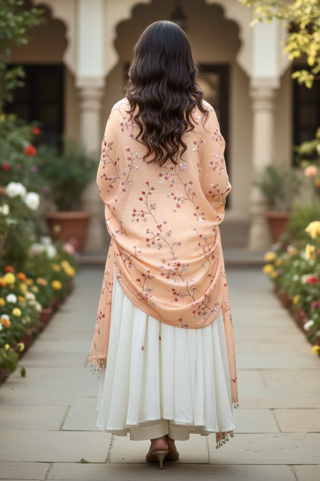 Woman wearing a pastel peach shawl embellished with sequins flowers vine by Umaid Couture, standing in a Garden Courtyard
