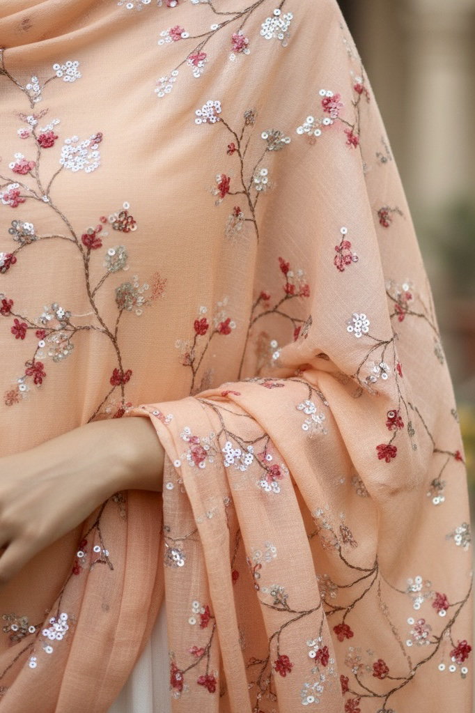 Closeup of a pastel peach shawl embellished with sequins flowers vine by Umaid Couture