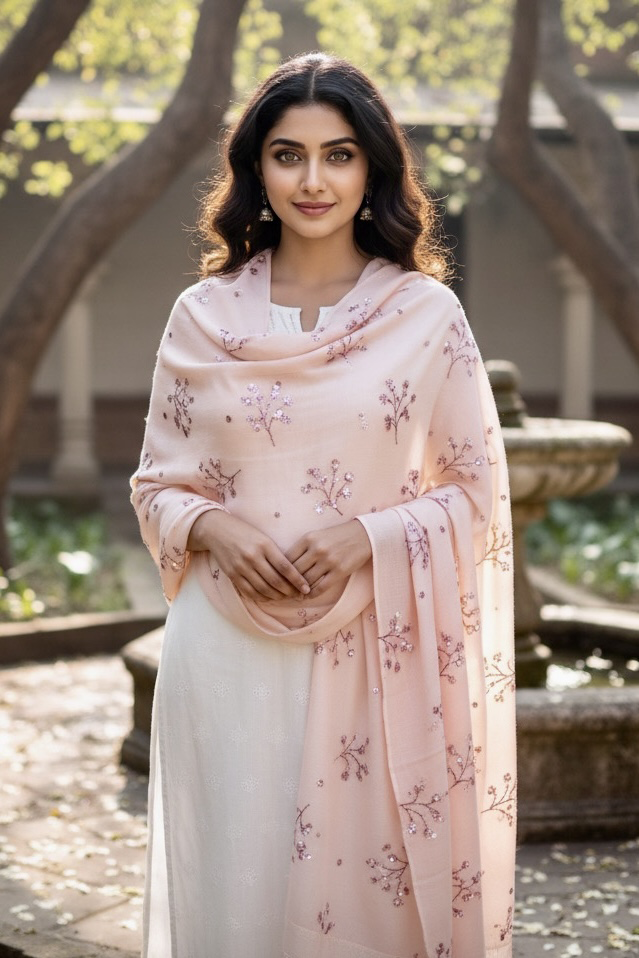 Woman wearing a pastel pink pashmina shawl embellished with sequins flowers Aari-Taari embroidery by Umaid Couture standing in a Garden Courtyard