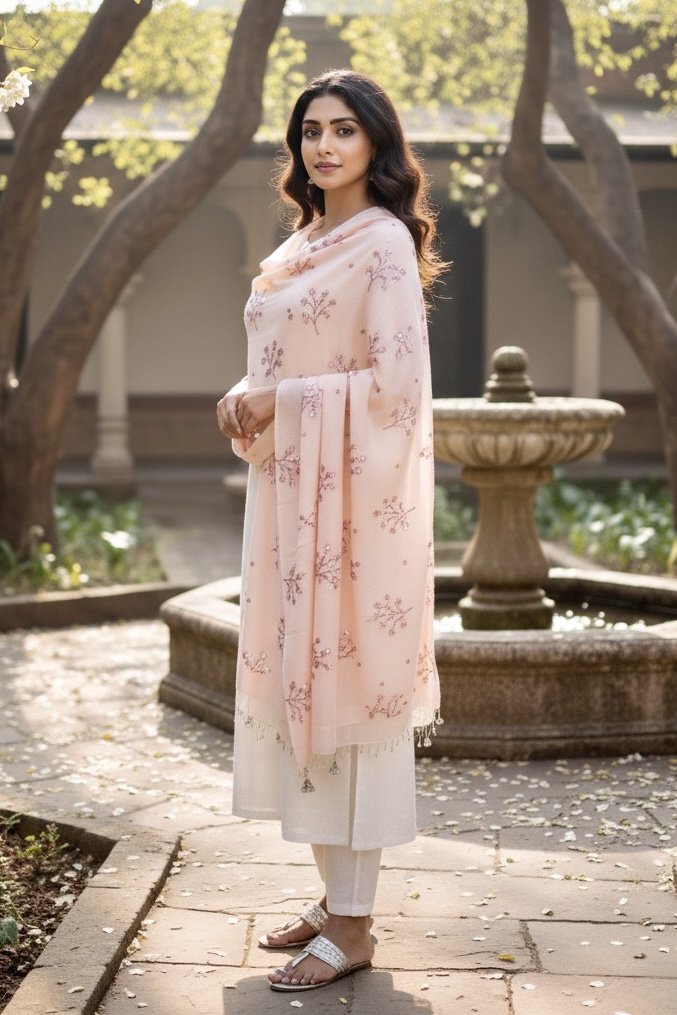 Woman wearing a pastel pink pashmina shawl embellished with sequins flowers Aari-Taari embroidery by Umaid Couture standing in a Garden Courtyard