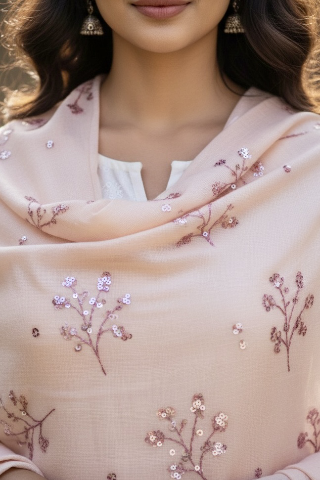 Close up of a pastel pink pashmina shawl embellished with sequins flowers Aari-Taari embroidery by Umaid Couture 