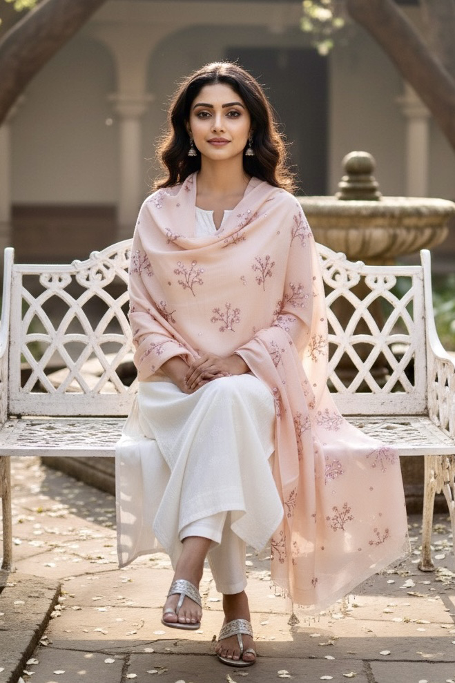 Woman wearing a pastel pink pashmina shawl embellished with sequins flowers Aari-Taari embroidery by Umaid Couture sitting in a Garden Courtyard
