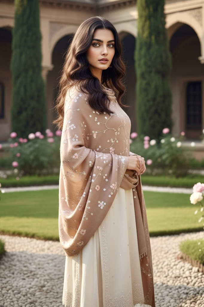 Woman wearing a pashmina shawl embellished with silver-pink sequins by Umaid couture, standing in a garden courtyard