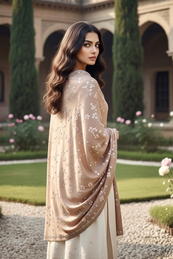 Woman wearing a pashmina shawl embellished with silver-pink sequins by Umaid couture, standing in a garden courtyard