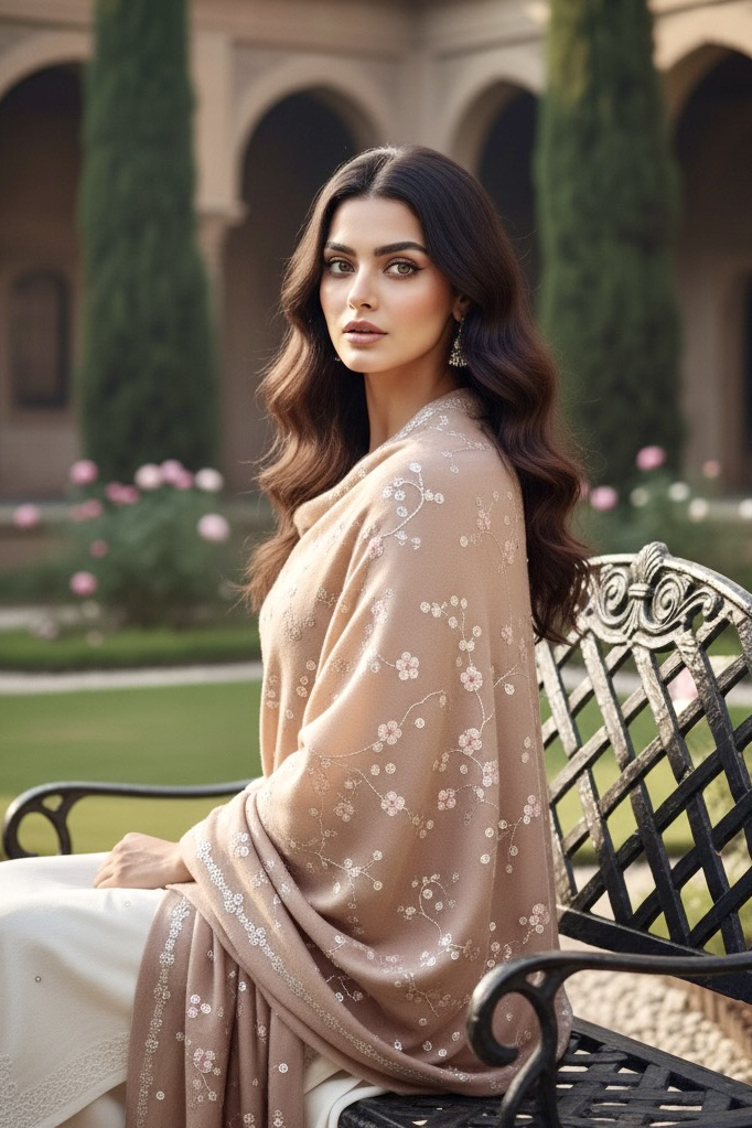 Woman wearing a pashmina shawl embellished with silver-pink sequins by Umaid couture, sitting on a bench in a garden courtyard