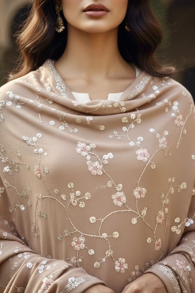 Woman wearing a pashmina shawl embellished with silver-pink sequins by Umaid couture, standing in a garden courtyard