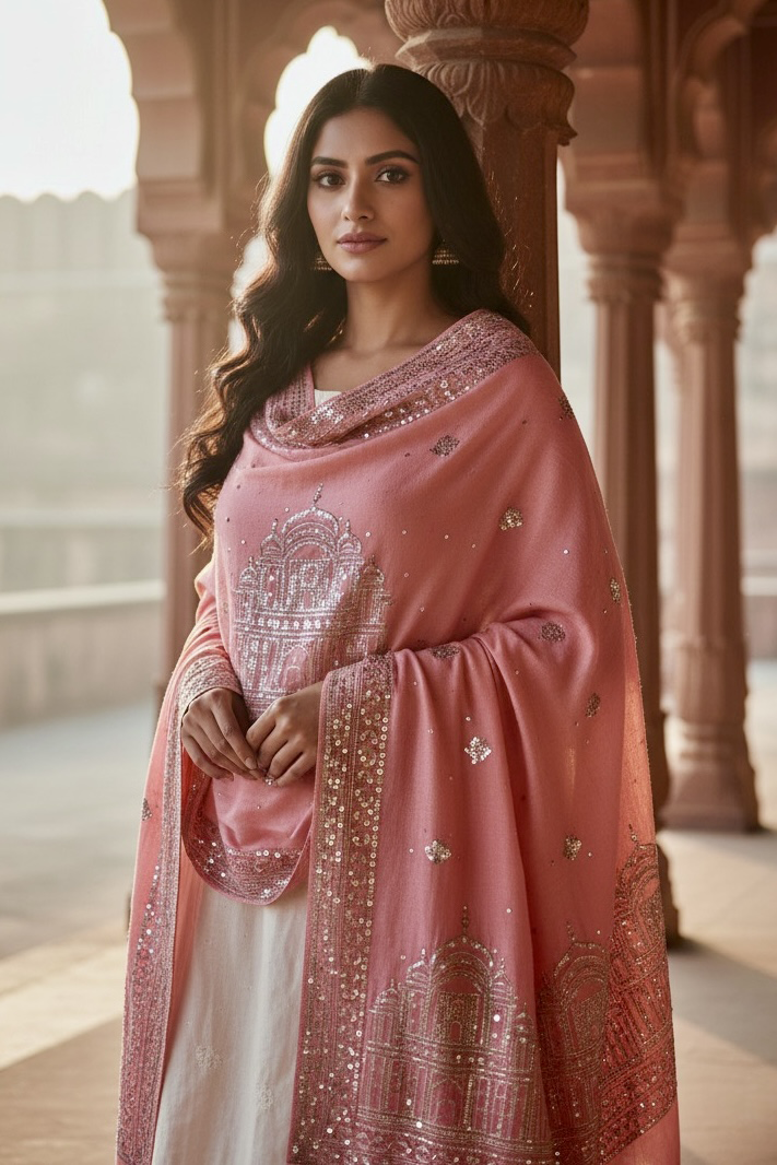 Woman wearing a traditional pastel pink  hand embroidered pashmina shawl in with sequins temple motifs standing in a corridor