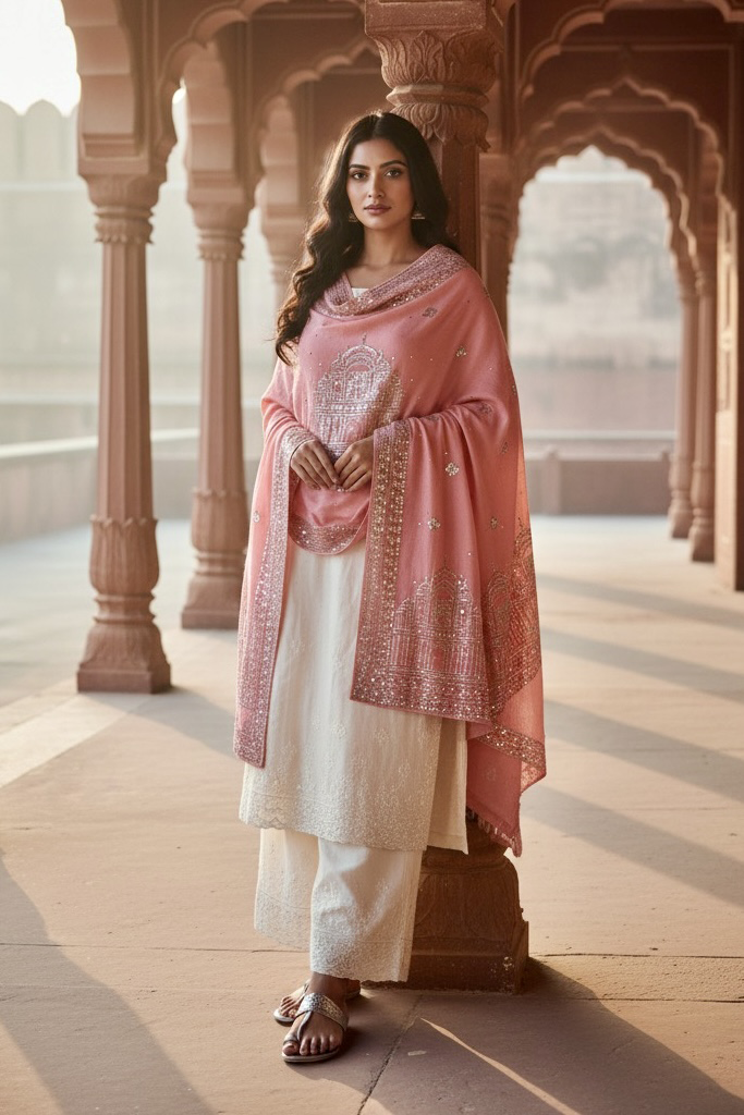 Woman wearing a traditional pastel pink  hand embroidered pashmina shawl in with sequins temple motifs standing in a corridor