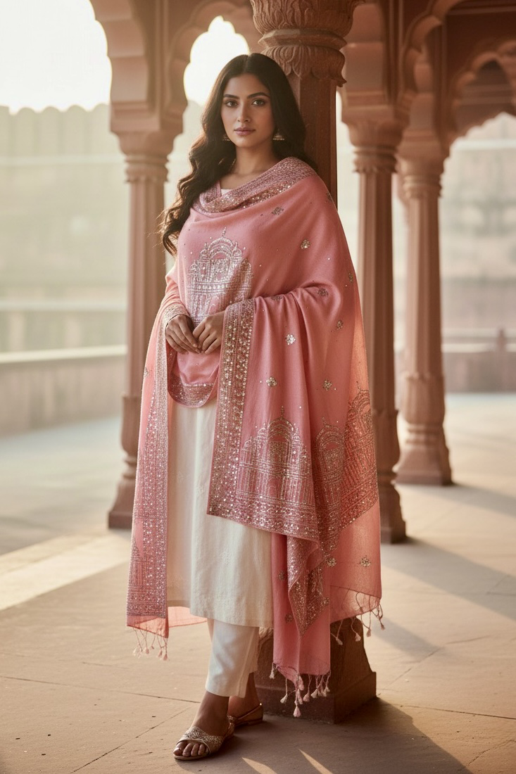 Woman wearing a traditional pastel pink  hand embroidered pashmina shawl in with sequins temple motifs standing in a corridor