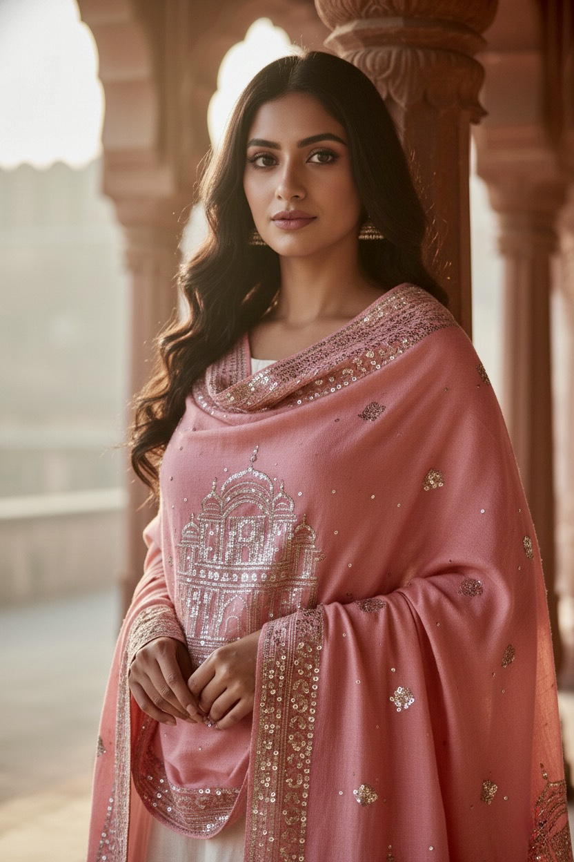 Woman wearing a traditional pastel pink  hand embroidered pashmina shawl in with sequins temple motifs standing in a corridor