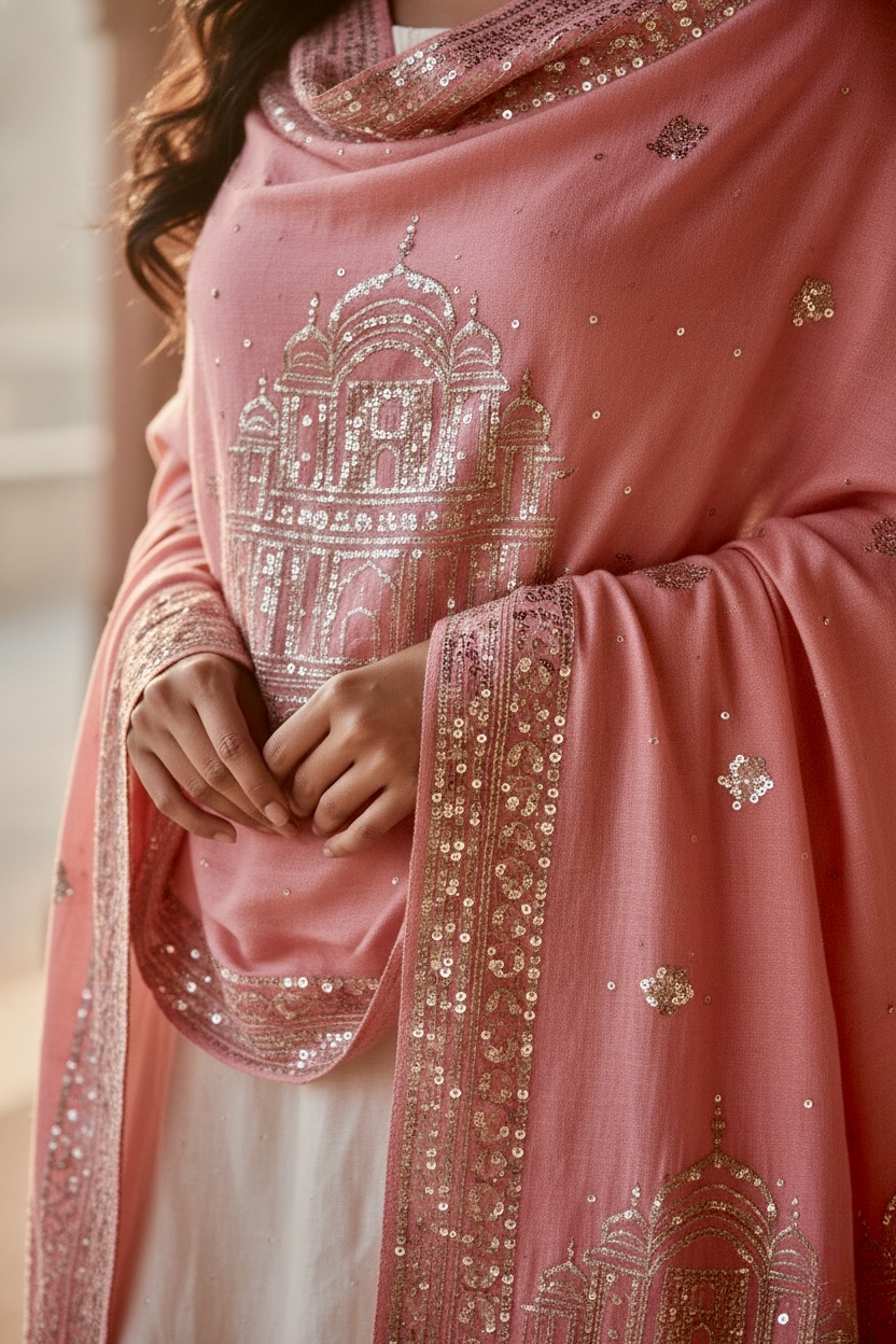 Close up of a traditional pastel pink  hand embroidered pashmina shawl in with sequins temple motifs 