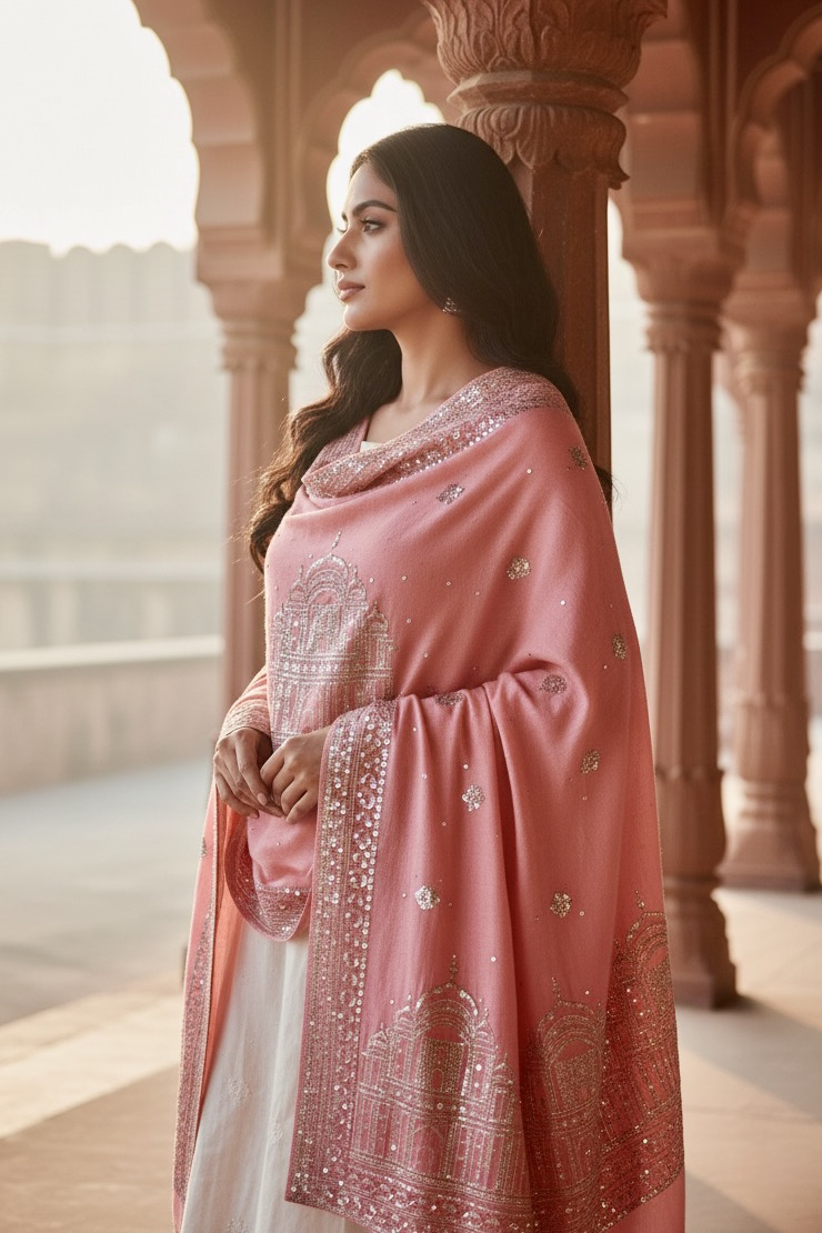 Woman wearing a traditional pastel pink  hand embroidered pashmina shawl in with sequins temple motifs standing in a corridor