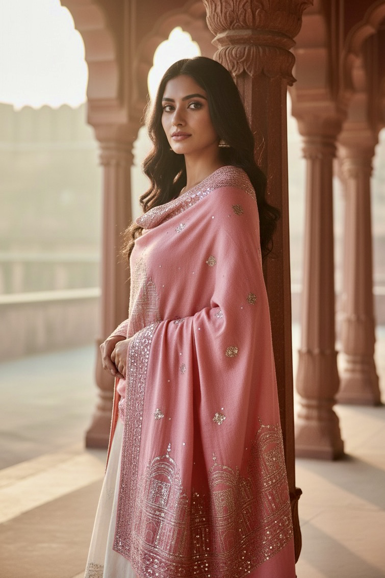 Woman wearing a traditional pastel pink  hand embroidered pashmina shawl in with sequins temple motifs standing in a corridor