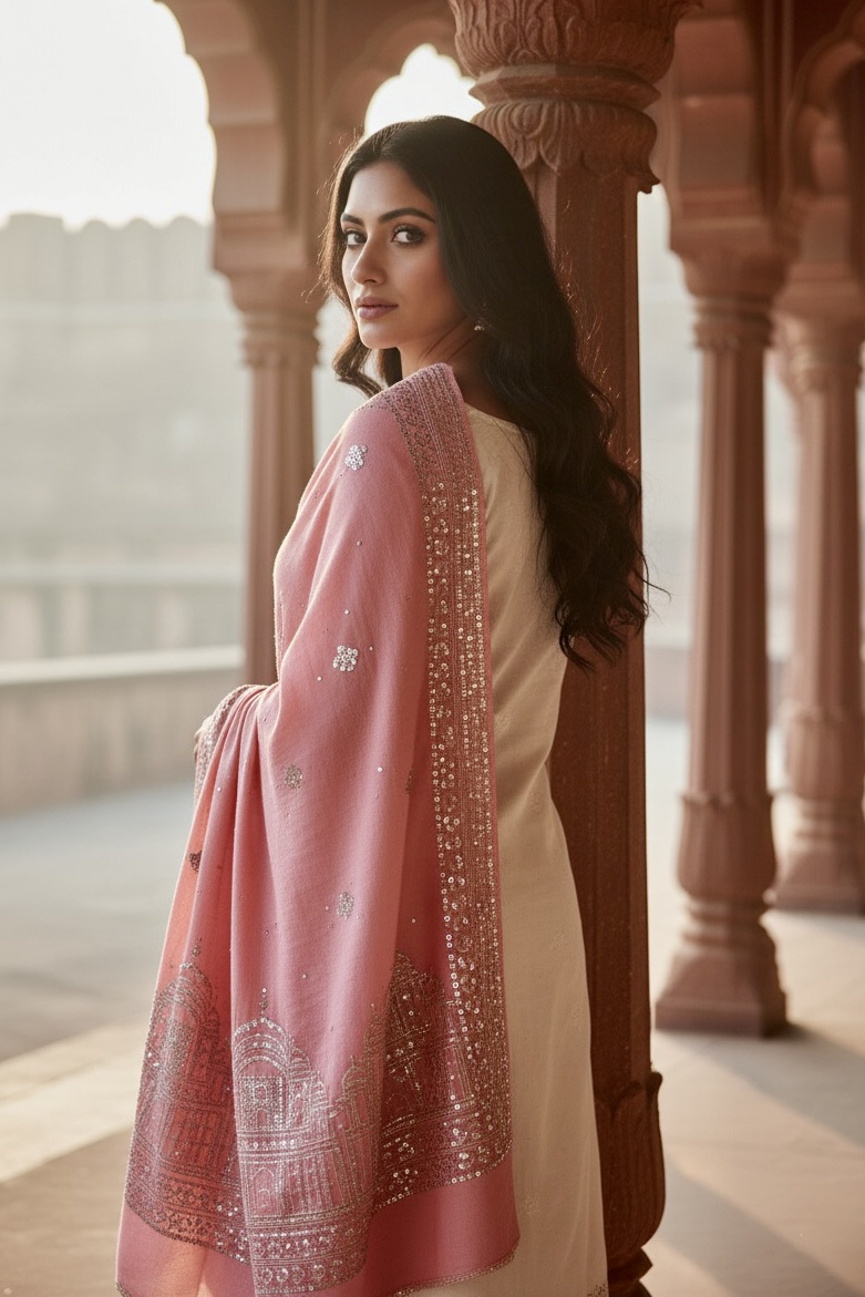 Woman wearing a traditional pastel pink  hand embroidered pashmina shawl in with sequins temple motifs standing in a corridor