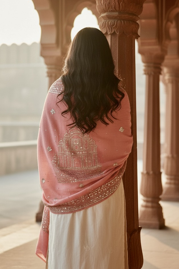 Woman wearing a traditional pastel pink  hand embroidered pashmina shawl in with sequins temple motifs standing in a corridor