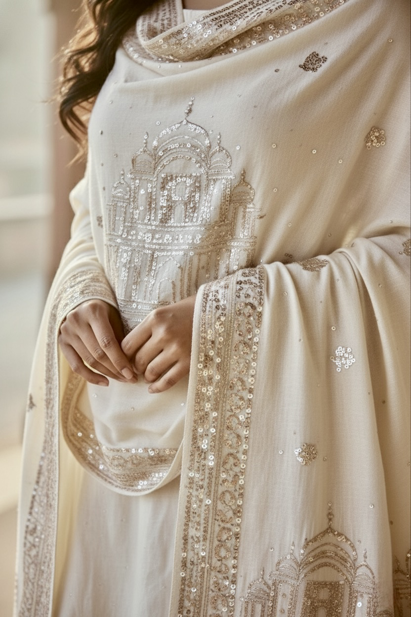 Woman in a traditional sequins embroidered off white Pashmina Shawl by Umaid Couture standing in a corridor