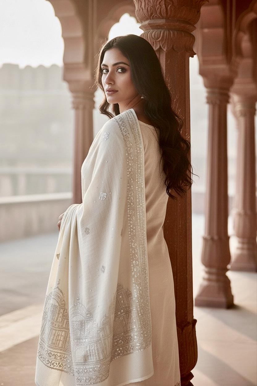 Woman in a traditional sequins embroidered off white Pashmina Shawl by Umaid Couture standing in a corridor