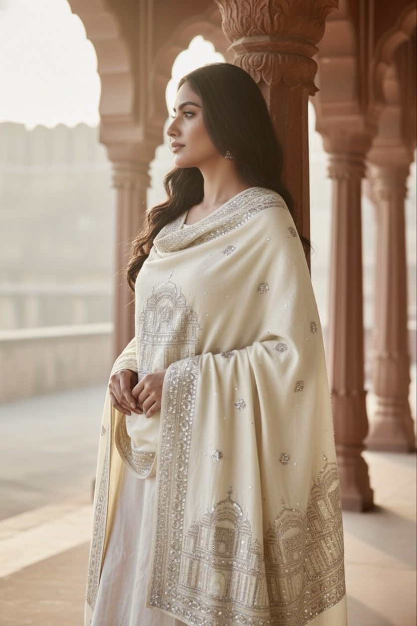Woman in a traditional sequins embroidered off white Pashmina Shawl by Umaid Couture standing in a corridor