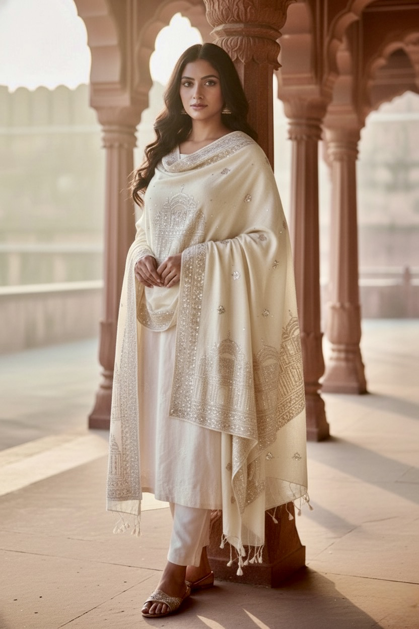Woman in a traditional sequins embroidered off white Pashmina Shawl by Umaid Couture standing in a corridor