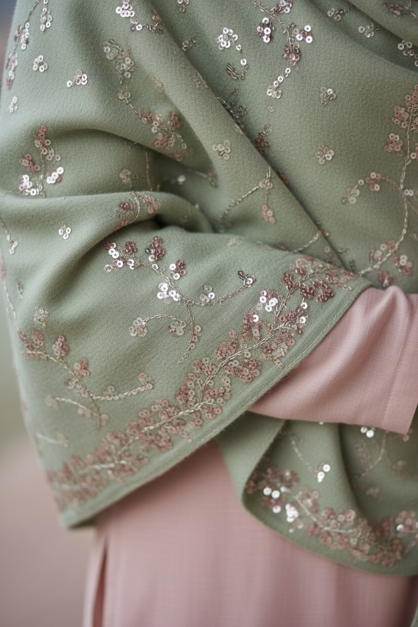 closeup of a pastel green shawl with pink sequins embroidery by Umaid Couture