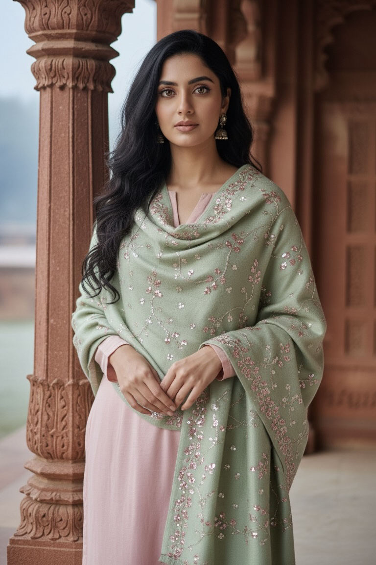 Woman wearing a pastel green shawl with pink sequins embroidery by Umaid Couture, standing in a corridor 