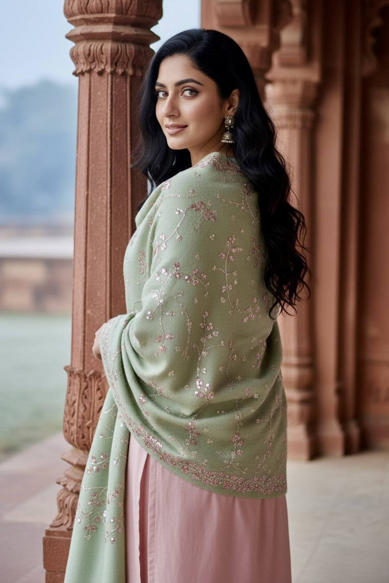 Woman wearing a pastel green shawl with pink sequins embroidery by Umaid Couture, standing in a corridor 