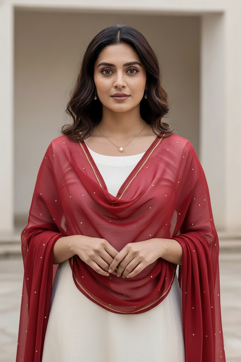 Woman wearing a red dupatta over a white outfit with a neutral background. product by Umaid Couture