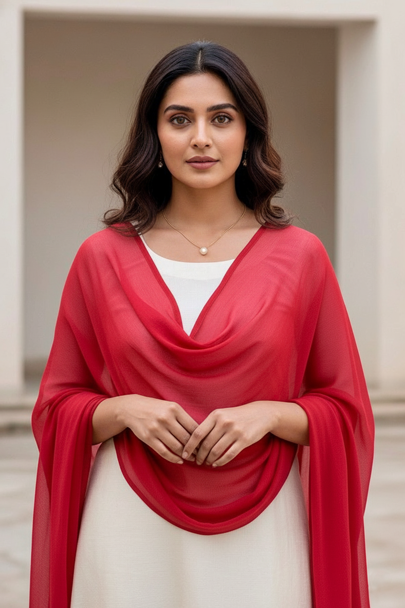 Woman wearing a red scarf over a white top with a neutral background. Product by Umaid Couture