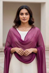 Woman wearing a purple scarf over a white top and skirt, standing indoors. Product by Umaid Couture