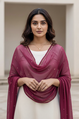 Woman wearing a maroon dupatta with white polka dots over a white outfit, standing against a neutral background. product by Umaid Couture