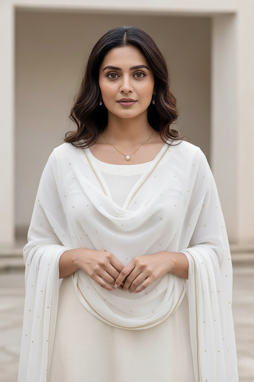 Woman wearing a white scarf with traditional outfit with a beige background. Product by Umaid Couture.