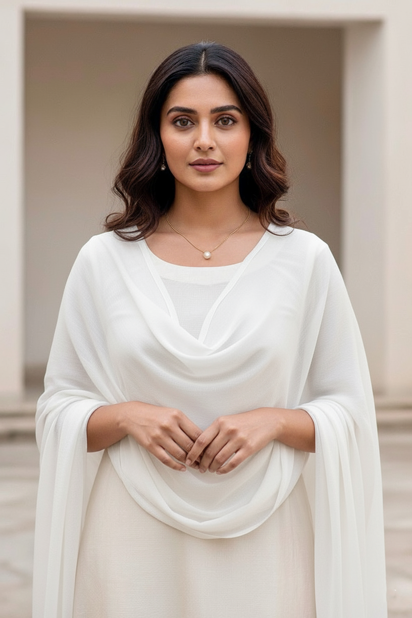 Woman wearing a white outfit with a neutral background. Product by Umaid Couture.