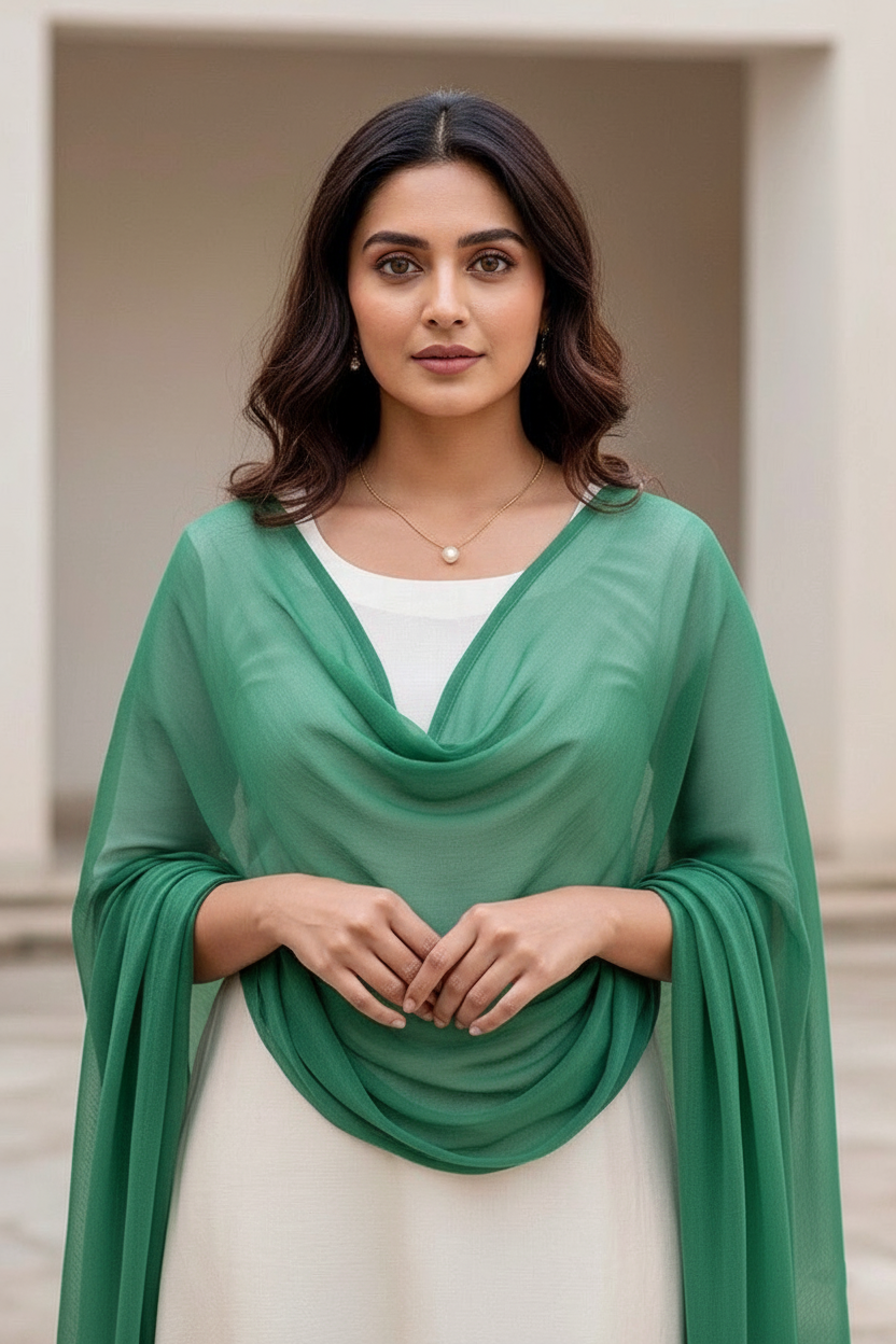 Woman wearing a green scarf over a white top in an outdoor setting. Product by Umaid Couture