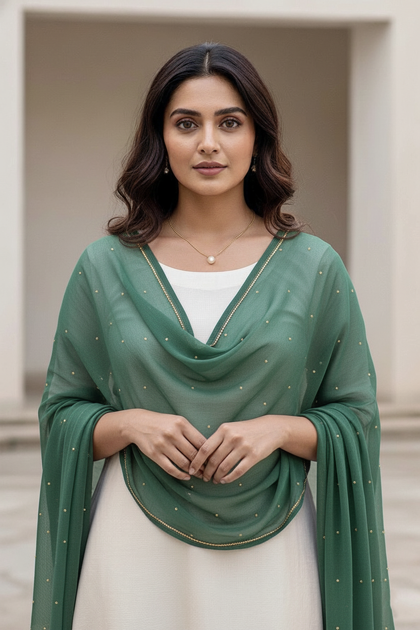 Woman wearing a green scarf over a white outfit with a neutral background. product by Umaid Couture