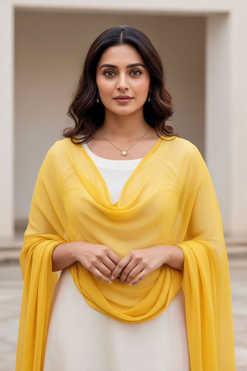 Woman wearing a yellow scarf over a white outfit with a neutral background. Product by Umaid Couture