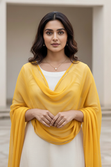 Woman wearing a yellow scarf over a white top with a neutral background. product by Umaid Couture