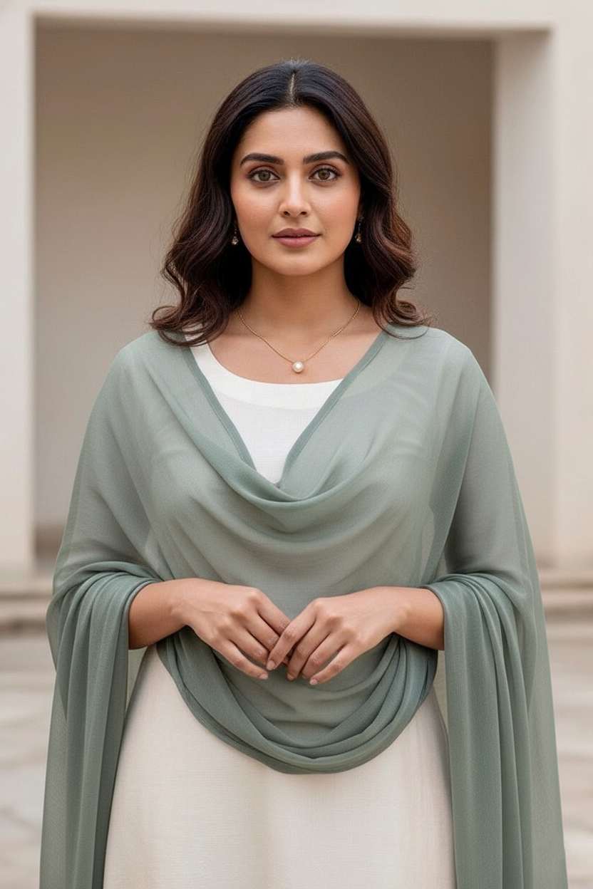 Woman wearing a light green scarf over a white top with a neutral background. Product by Umaid Couture