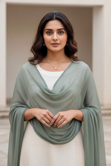 Woman wearing a light green scarf over a white top with a neutral background. Product by Umaid Couture