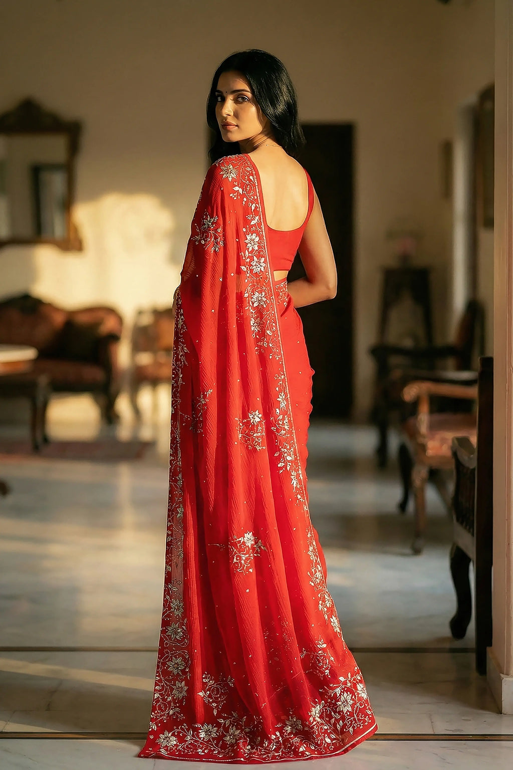 Woman in mulberry red saree with jasmine floral vines border on saree made by umaid couture.