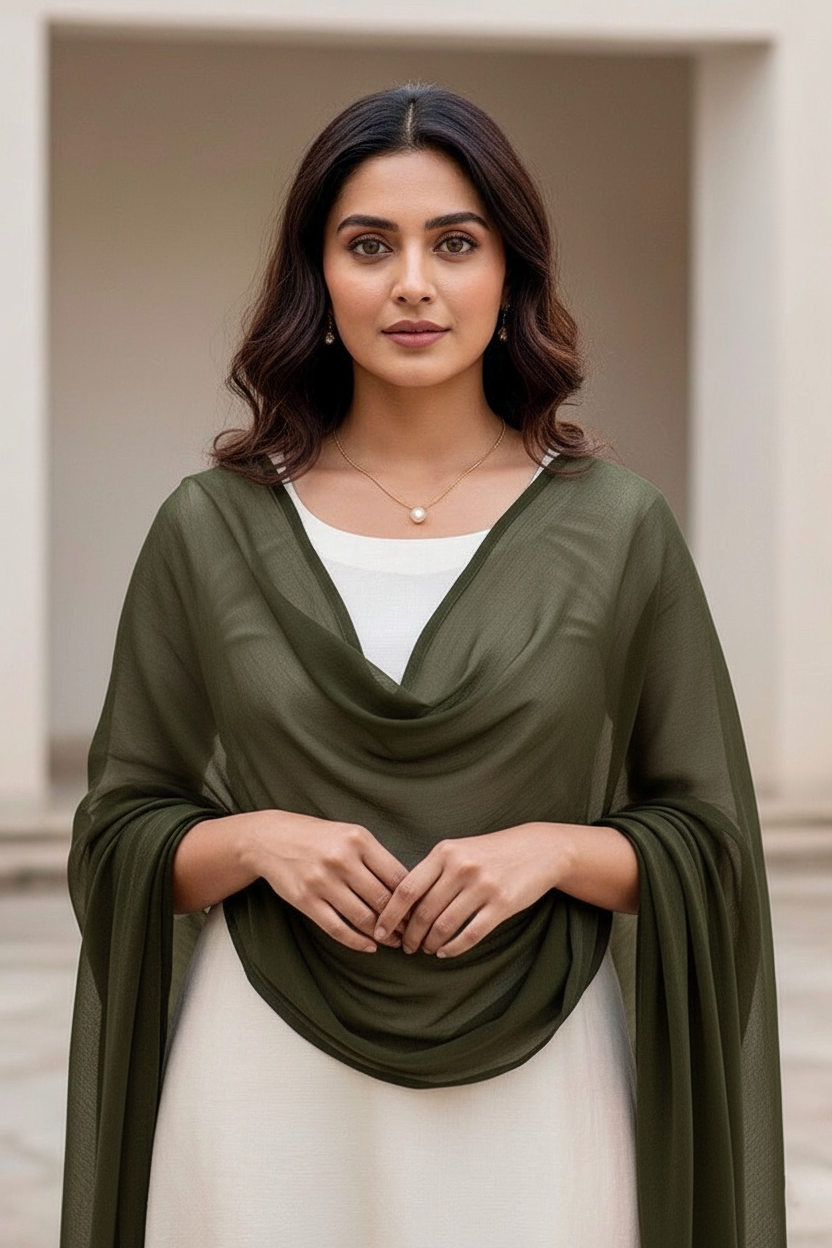 Woman wearing a green scarf over a white top in an indoor setting. Product by Umaid Couture.