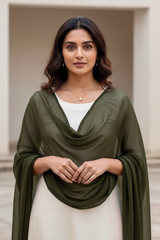 Woman wearing a green scarf over a white top in an indoor setting. Product by Umaid Couture.