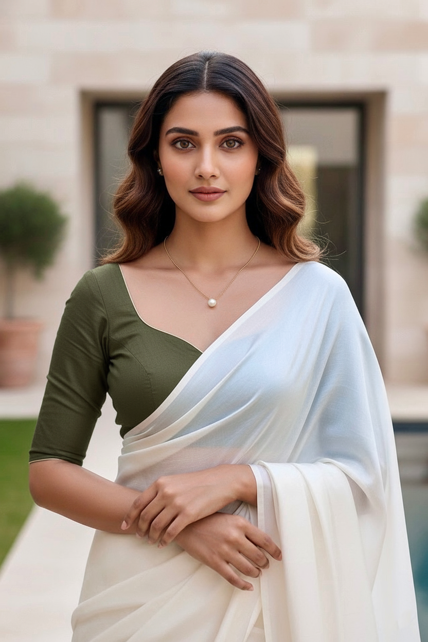 Woman wearing a black olive blouse and white saree with a neutral background.Product by Umaid Couture