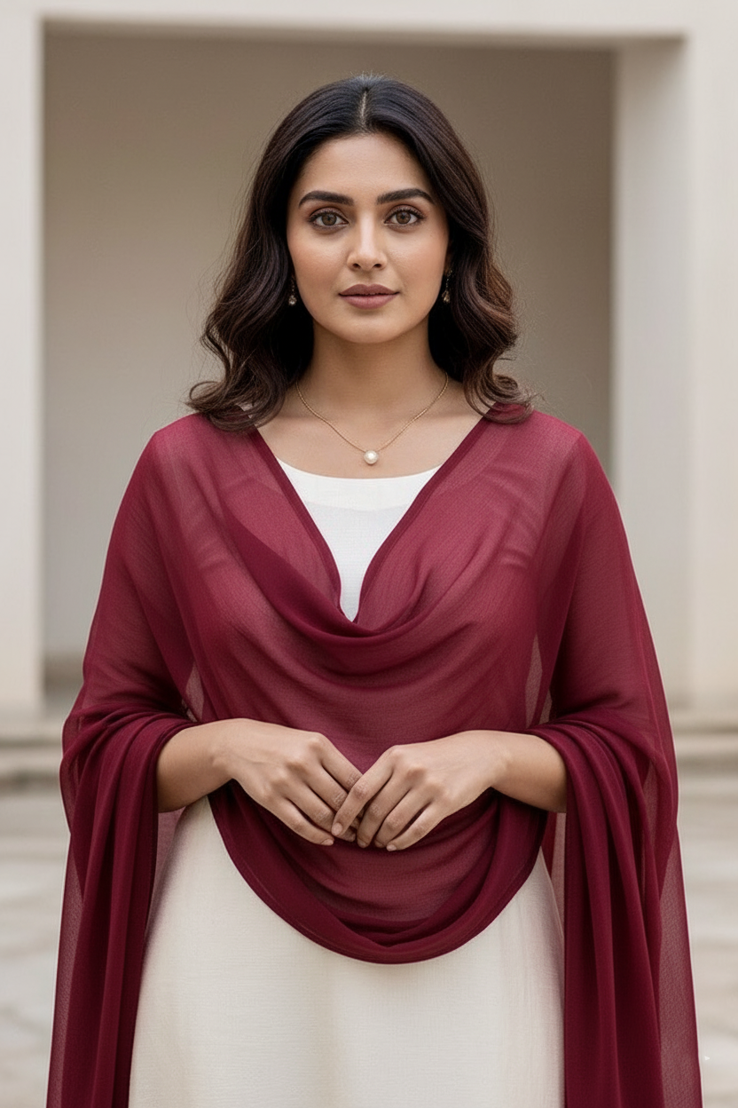 Woman wearing a dupatta over a white outfit by Umiad Couture with a neutral background