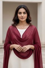 Woman wearing a dupatta over a white outfit by Umiad Couture with a neutral background