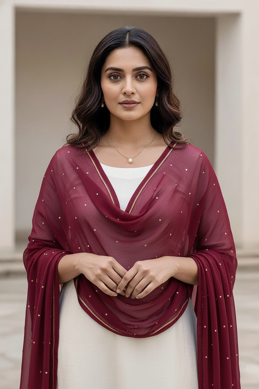 Woman wearing a dupatta over a white outfit by Umiad Couture with a neutral background