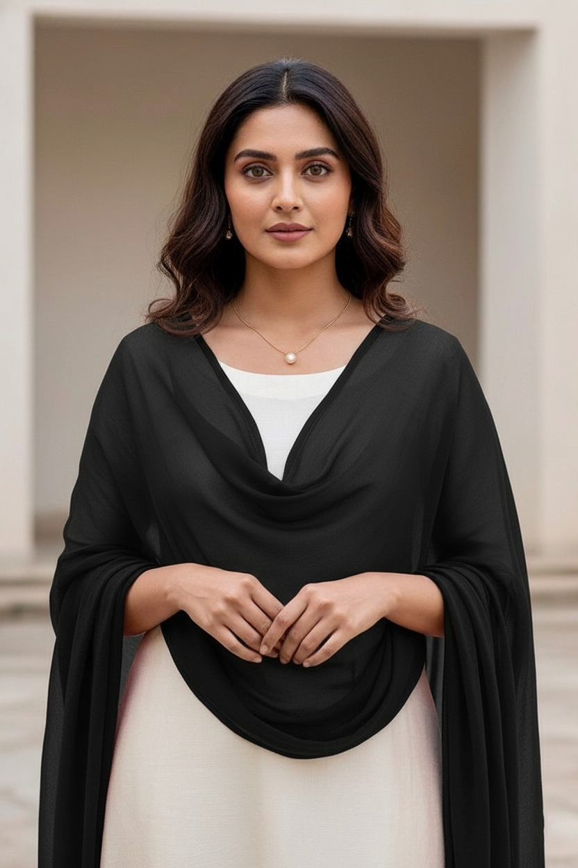 Woman wearing a black scarf over a white top with a neutral background. Product by Umaid Couture.