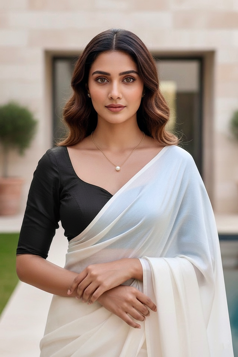 Woman wearing a black blouse with white saree in an outdoor setting. Product by Umaid Couture